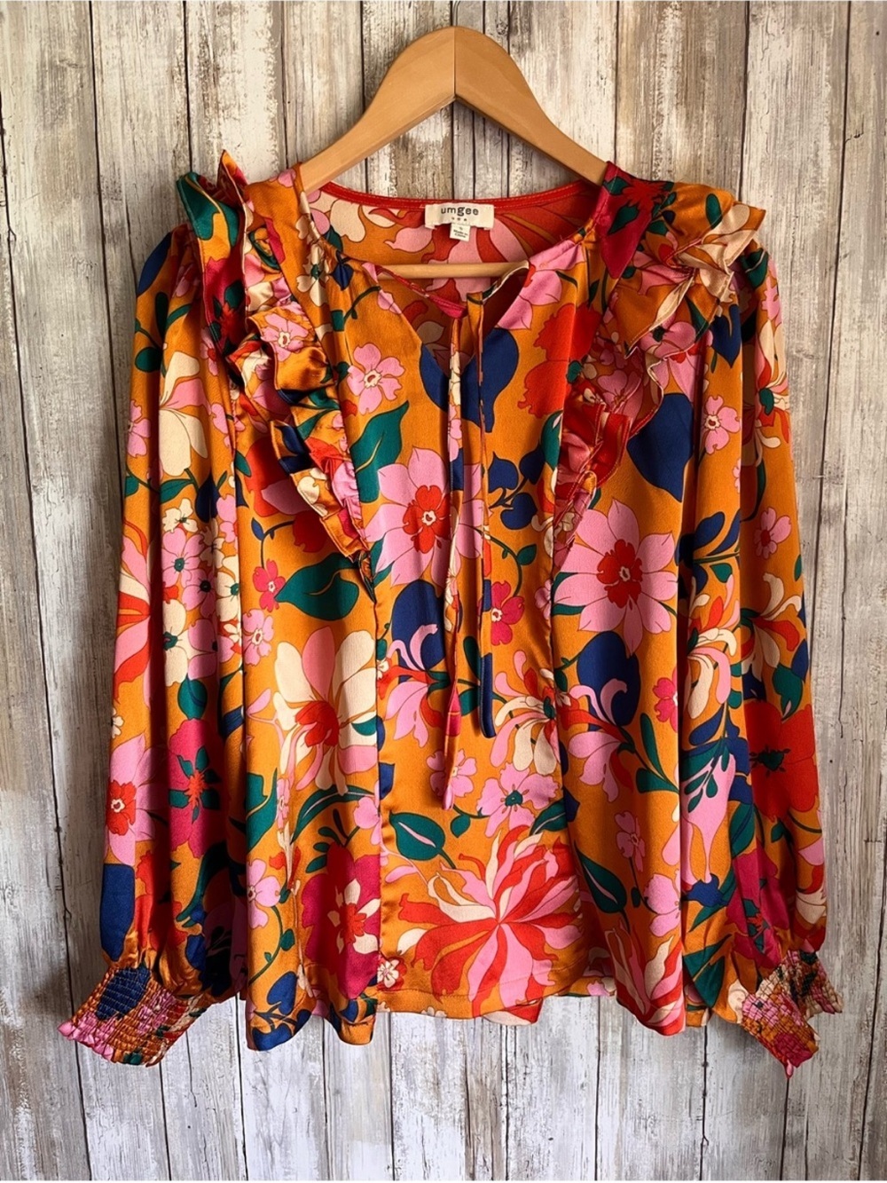Umgee Floral Ruffle Tie Neck Blouse Smocked Cuff Boho Top Small Boutique